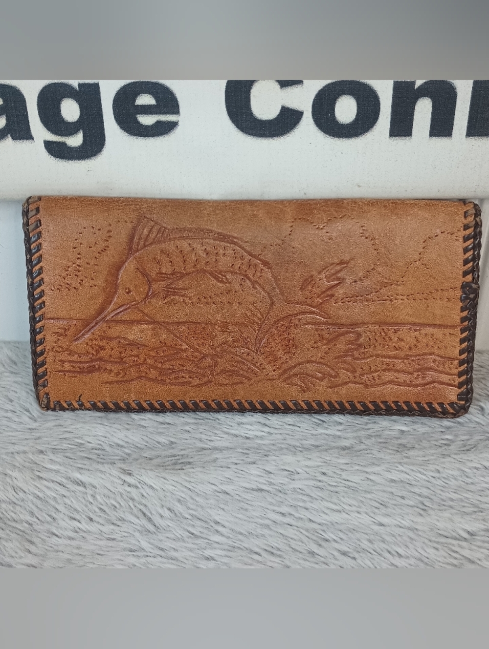 VTG Hand Tooled Leather Marlin Fishing Nautical Bifold Wallet Whipstitch Laced
